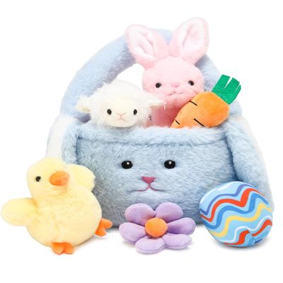 7 Piece Plush Stuffed Animals Playset Toys with Rabbit, Chick, Lamb, Carrot, Egg, Flower, Furry Bag, Soft Basket Set Toys for Girls Kids Ages 3+, Birthday Christmas Valentines Easter Party Favors