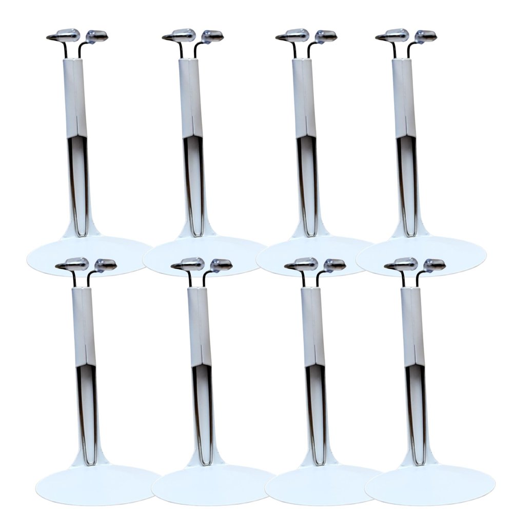 Doll Stands Set of 8 - Adjustable White Metal Doll Holders for 6 to 12 Inch Dolls and Action Figures - Vinyl Tiped Waist Support - Display Stands for Collectible Dolls, Figurines, Plush Toys
