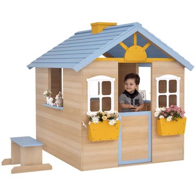 Outsunny Wooden Playhouse for Kids Outdoor Garden Pretend Play Games, Adventures Cottage, with Working Door, Windows, Bench, Service Station, Flowers Pot Holder, for 3-7 Years Old, Blue