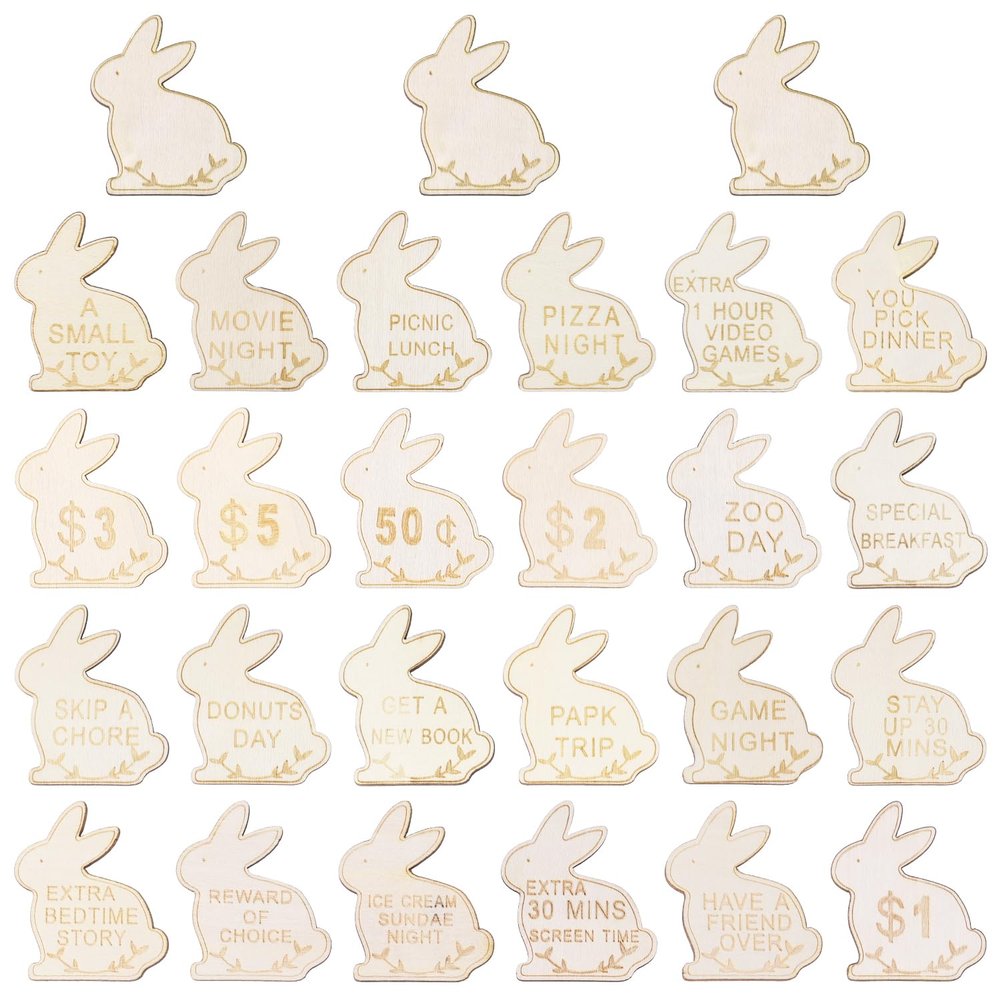 27pcs Easter Egg Fillers for Kids, Wood Easter Reward Tokens Cute Easter Bunny Reward Tokens Easter Egg Reward Tokens Easter Bunny Coins Easter Basket Stuffers Easter Gifts for Boys Girls
