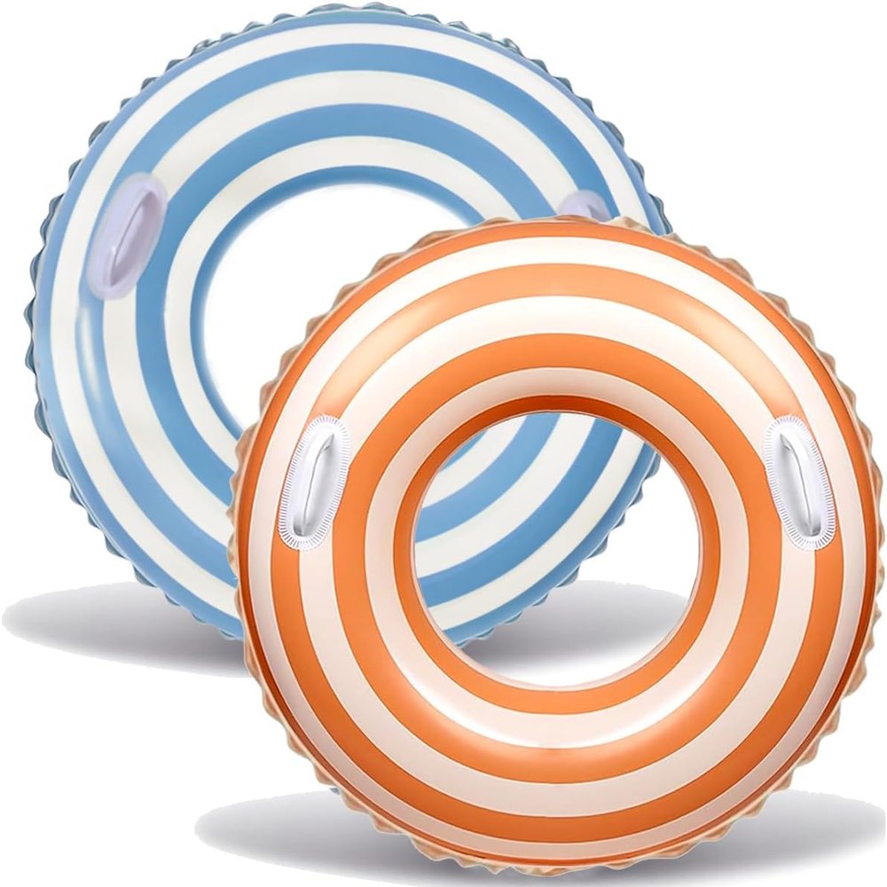 2 PCS Extra Large 42 INCH Striped Pool Floats for Adults Swimming Rings Tube with Handles -Inflatable Pool Float Tube for Adults Pool Floats for The Beach, Party, Vacation (Blue and Orange, XL)
