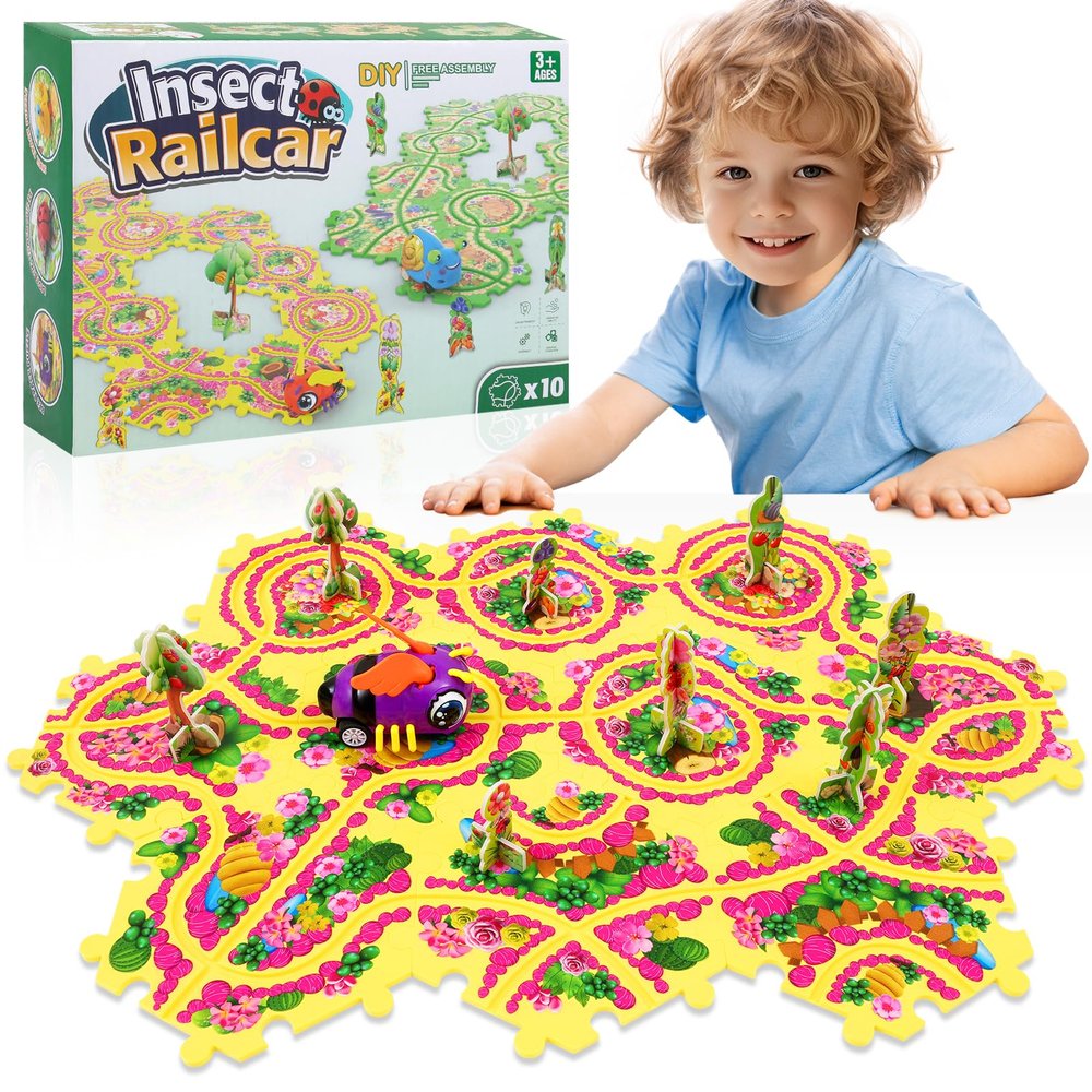 10Pcs Puzzle Track Car Play Set for Toddlers, Puzzle Racer Kids Car Track Set, Race Tracks for Kids Ages 4-8, Educational Puzzle Car Toys for 3 4 5 Year Old Boys (Bee)