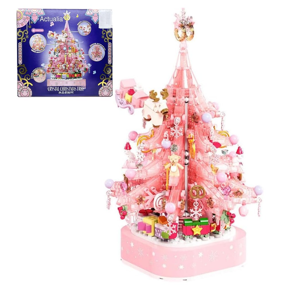 Actualia 675 Pieces Crystal Christmas Tree Music Box Building Set with Light, MOC DIY Assembly Pink Music Box Bricks Construction Set for Girls Boys Aged 16+