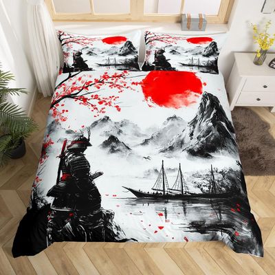 jejeloiu Japanese Samurai Duvet Cover Toddler Size Kids Red Cherry Blossoms Sunset Comforter Cover Set for Boys Girls Teens Mount Fuji Bedding Set Ink Painting Bedspread Cover Room Decor Quilt Cover