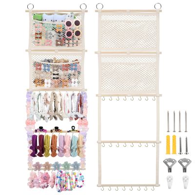 Headband Holder, 17x50in Hair Bow Holder W/ 2 Mesh Pockets & 24 Metal Hooks, Baby Bow Organizer for Girls, Wall Hanging Hair Accessories Organizer Storage Hanger for Toddler Room Nursery Decor(Beige)