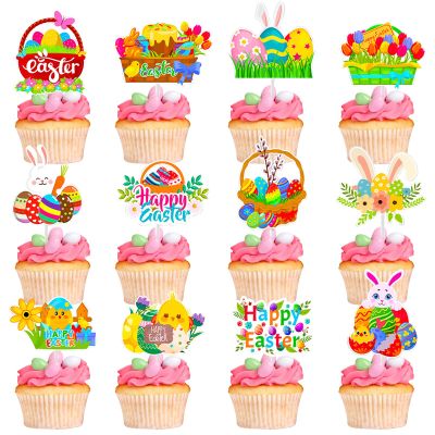 12Pcs Cute Easter Cupcake Toppers Egg Rabbit Chicks Pattern Festivals Theme Cake Toppers Decoration for Birthday Spring Party Supplies (Easter Cupcake Toppers, 12)