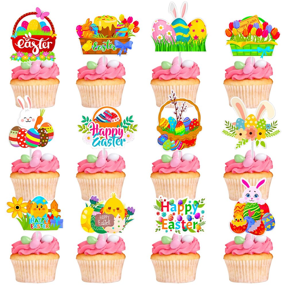 12Pcs Cute Easter Cupcake Toppers Egg Rabbit Chicks Pattern Festivals Theme Cake Toppers Decoration for Birthday Spring Party Supplies (Easter Cupcake Toppers, 12)