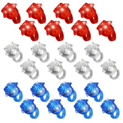 NUDALA 24 Pack Red Blue White Light Up Star Rings Flashing LED Jelly Finger Rings Glow Party Favors for July 4th,Halloween,Concert,Goodie Bag Fillers,Raves
