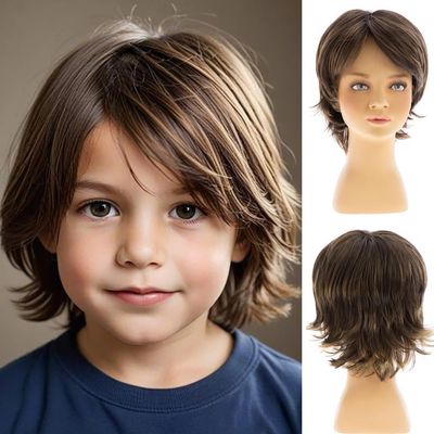 Dsimeig Brown Kids Wig Short Wavy Child Synthetic Boys Cosplay Halloween Costume Party Use