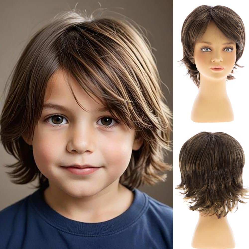 Dsimeig Brown Kids Wig Short Wavy Child Synthetic Boys Cosplay Halloween Costume Party Use