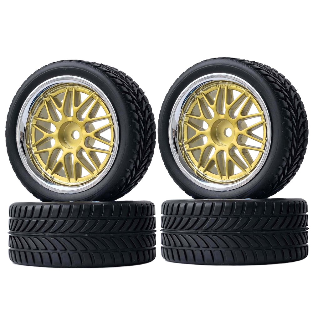 LAFEINA 1/10 RC On-Road Car Rubber Tires and Plastic Wheels Rims for 1:10 RC On Road Touring Cars Run-Flating Car (C, Gold)