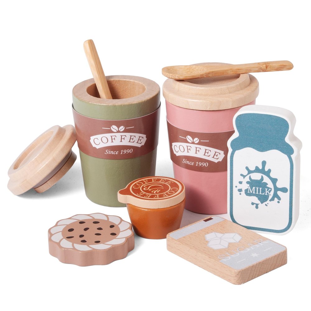 MONT PLEASANT Kids Coffee Playset, Wooden Montessori Toy Play Kitchen Accessories with Coffee Cups, Espresso & Milk, Toddler Pretend Play Coffee Toy Kitchen Set Boys and Girls Birthday Gift