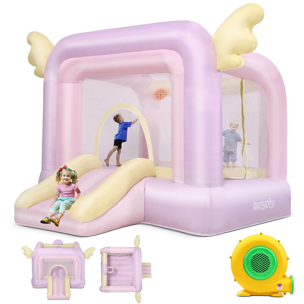 AKEYDIY Bounce House, Pastel Bouncer with Slide, Inflatable Jumping Bouncy Castle for Kids Girls Birthday Party Gifts Outdoor & Indoor Play Equipment, UL Blower Included