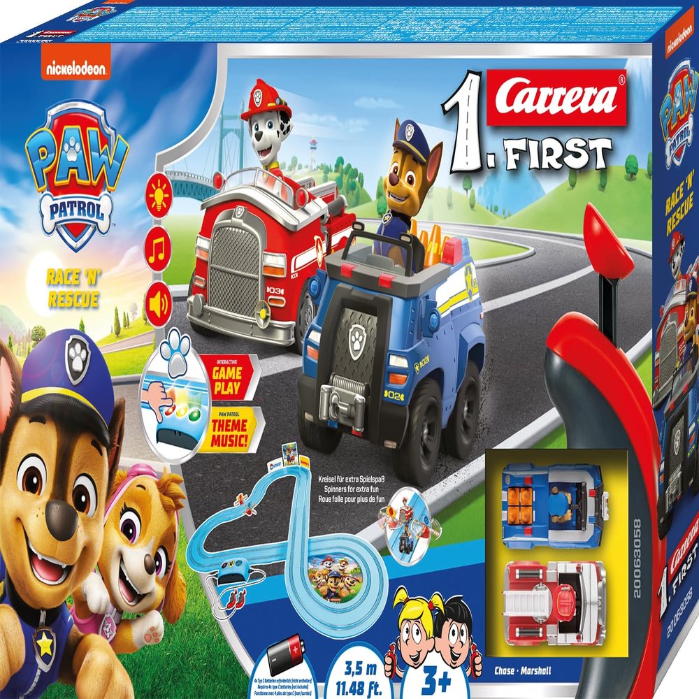 Carrera First Paw Patrol, Race 'N' Rescue - 3.5 Metre Track with Light Effects, Sound and Music, Interactive Functions, for Exciting Rescue and Adventure Missions in the Room of the Kids