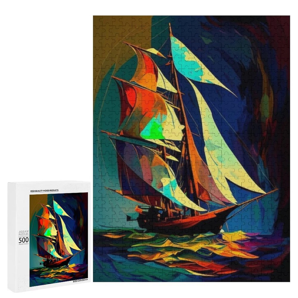 Stained Glass Sunset with Seaside Sailboat 500 Piece Puzzles for Adults Impossible Puzzle Unique Jigsaw Puzzles Ideal for Relaxation and Family Fun