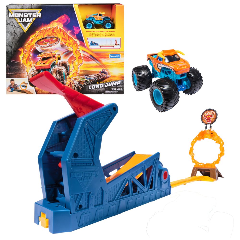 Monster Jam El Toro Loco Long Jump Playset, Exclusive Edition, Includes Die-Cast Truck, Ramp Launcher, Flaming Ring & Crush Cars, Stunt Toy for Kids Ages 3+ by Spin Master