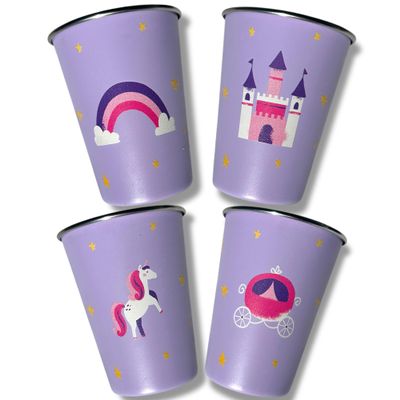 12oz Stainless Steel Cups for Kids (Fairy Tale) Set of Four (4) Kids Cups - BPA Free, Reusable and Eco Friendly Metal Toddler Cup - Drinking Glasses, Kid Proof Tumblers, Party and Birthday