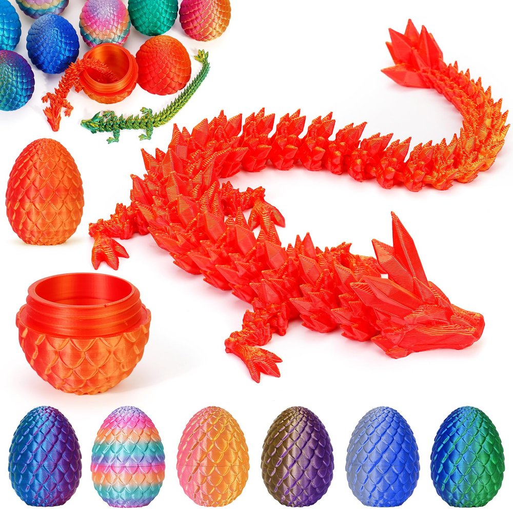 Aodomis 3D Printed Dragon Egg with Articulated Crystal Dragon Inside -Surprise Dinosaur Egg Fidget Toys for Kids 8-12 5-7 4-6, Unique Prefilled Easter Basket Stuffers for Kids Teens(Laser Red Gold)
