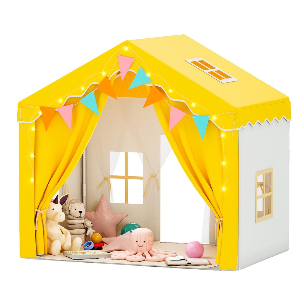 HOMMOW Kids Tent,Indoor & Outdoor Kid Playhouse 2 in 1 with Lights and Mat,54" x36.5" x 51" Large Play Tents with 2 Doors & 5 Windows,Yellow
