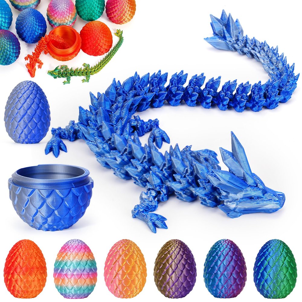 Aodomis 3D Printed Dragon Egg with Articulated Crystal Dragon Inside -Surprise Dinosaur Egg Fidget Toys for Kids 8-12 5-7 4-6, Unique Prefilled Easter Basket Stuffers for Kids Teens(Laser Blue Silver)