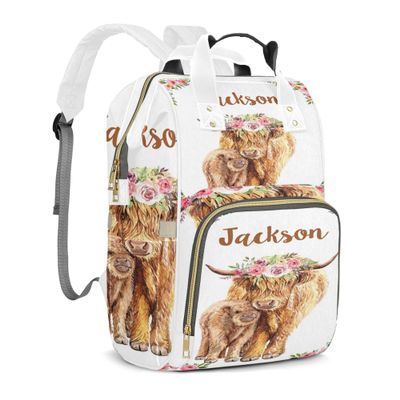 Personalized Diaper Backpack with Name, Custom Highland Cow Baby Backpack Diaper Bag, Boy Girl Multifunctional Mommy Bag