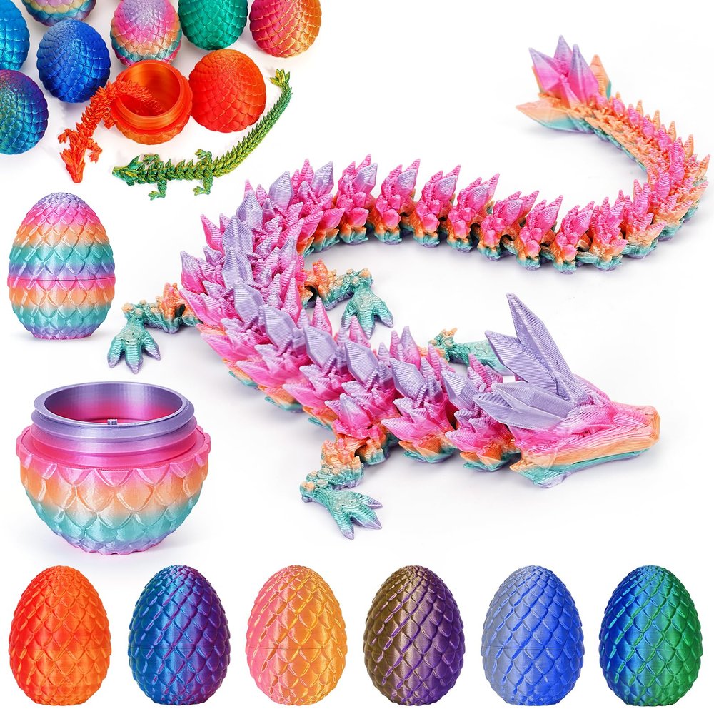 Aodomis 3D Printed Dragon Egg with Articulated Crystal Dragon Inside -Surprise Dinosaur Egg Fidget Toys for Kids 8-12 5-7 4-6, Unique Prefilled Easter Basket Stuffers for Kids Teens(Candy Color)