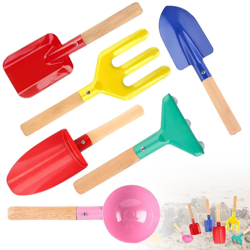 MEIDAYAI Beach Toys, 6 Pcs Kids Gardening Set, 8'' Kid Metal Sand Toys Sandbox Toys with Sturdy Wooden Handle, Children Beach Sand Toys Gardening Set, Beach Shovels for Kids Ages 3-8