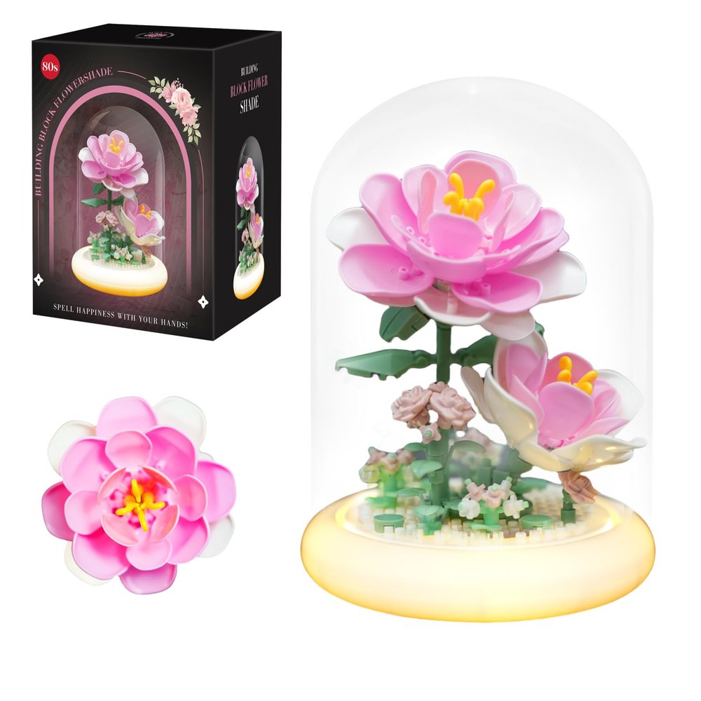 80S Pink Roses Building Toy Set, 158 Pieces with Lighted Base, ABS Dust-Proof Shell, DIY Gift for Kids & Adults, Perfect for Mothers Day, Birthday, Holiday  Creative Educational Building Blocks