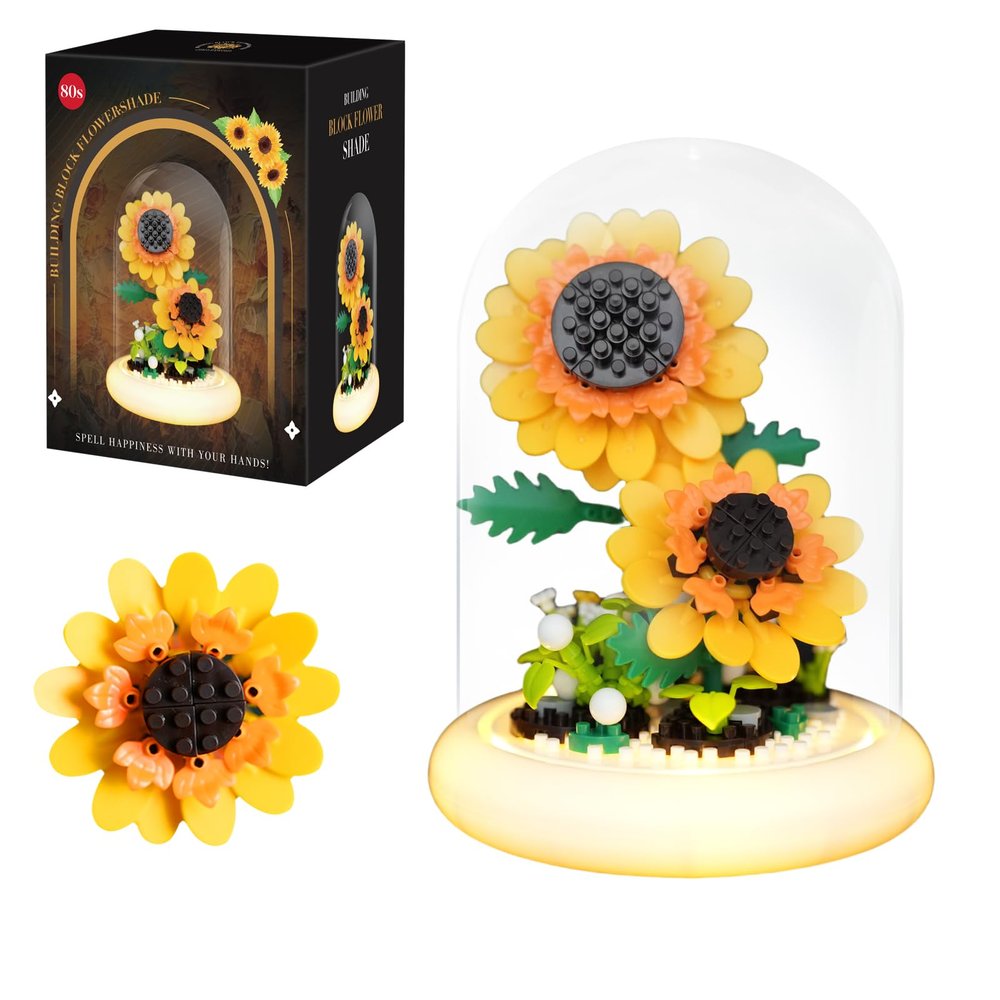 80S Sunflower Building Toy Set, 251 Pieces with Lighted Base, ABS Dust-Proof Shell, DIY Gift for Adults, Perfect for Mothers Day, Birthday, Holiday  Creative Educational Building Blocks