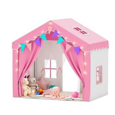 HOMMOW Kids Tent,Indoor & Outdoor Kid Playhouse 2 in 1 with Lights and Mat,54" x36.5" x 51" Large Play Tents with 2 Doors & 5 Windows,Pink
