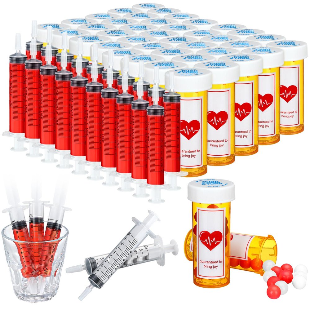 100 Pcs Nursing Graduation Party Supplies 20 Pcs 10 ml Plastic Syringe for Shot Drinks 40 Pcs Empty Pill Bottles with Caps 40 Pcs Sticky Label for Nursing Pharmacist Party Favors BSN Rn LPN Gift