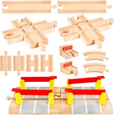 14 Pack Wooden Train Track Expansion Male Female Bumpers Track Wooden Train Bridge Straight Wood Tracks Accessories Compatible with Railroad Track Set
