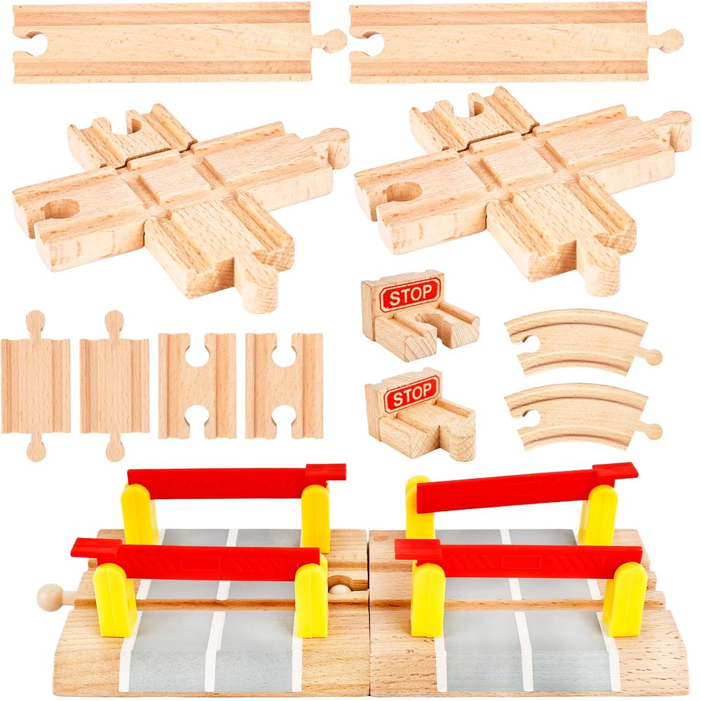14 Pack Wooden Train Track Expansion Male Female Bumpers Track Wooden Train Bridge Straight Wood Tracks Accessories Compatible with Railroad Track Set