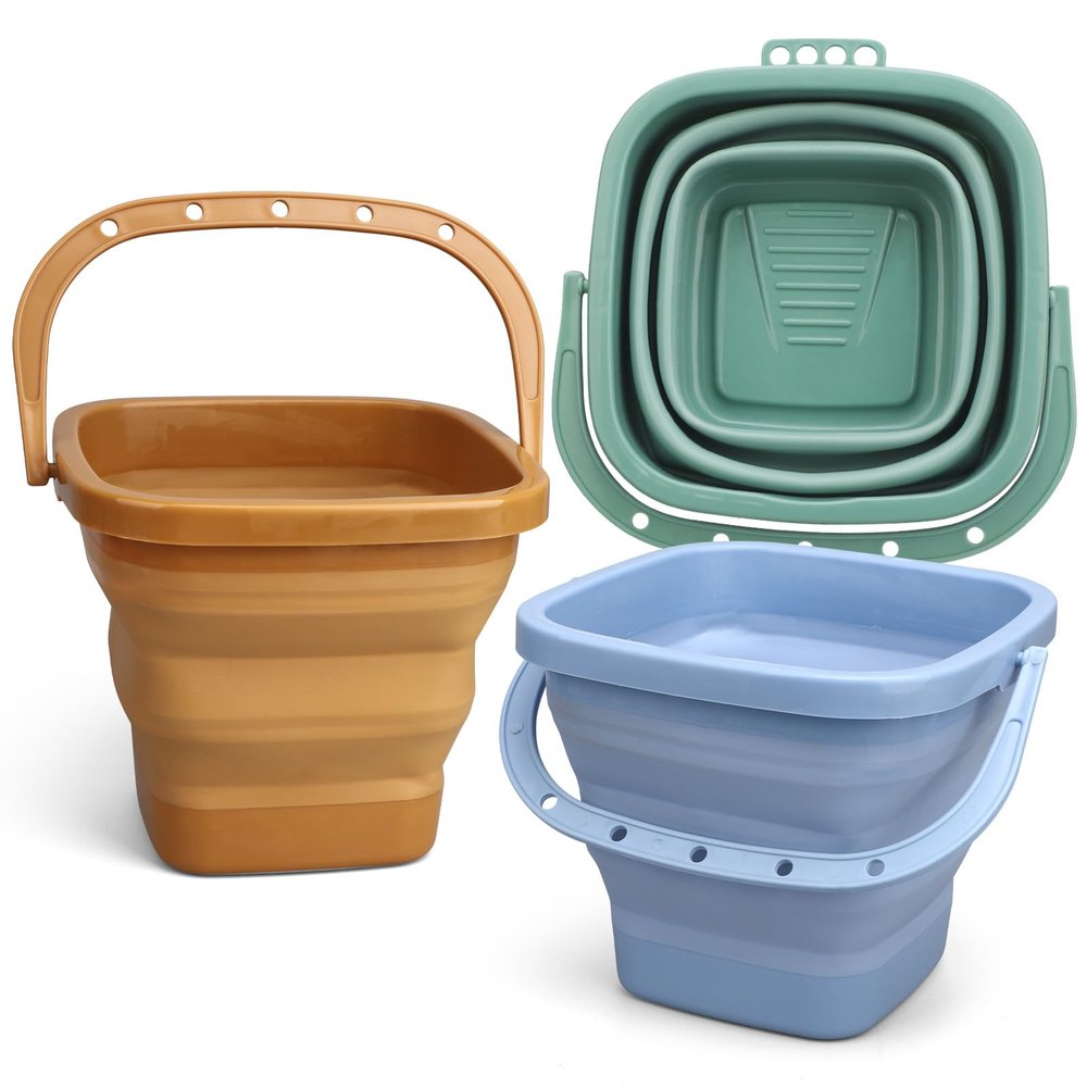 3PCS 3L Collapsible Bucket Sandbox Kit Castle Mold Building Snow Toys for Kids, Foldable Beach Bucket Sand Pail for Garden Planting, Beach Essential Travel Summer Toys, Househould Cleaner Bucket