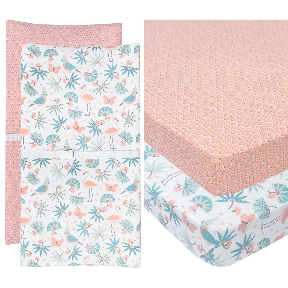 100% Cotton Crib Sheets and Changing Pad Covers Bundle Set 4 Pack, (Jungle Leaves + Flamingo Baby Sheets for Girl or Boy)