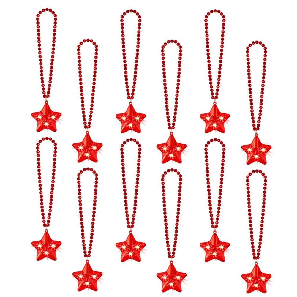 NUDALA 12 Pack Red Glow Star Necklace Bulk Beaded Necklaces for July 4th Halloween Christmas Decorations Mardi Gras Party Favors