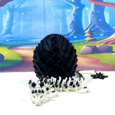 3D Printed Dragon with Dragon Egg, 12 Inches White and Black Cherry Blossom Fidget Dragon Toy, Fidget ADHD Autism Toy, Executive Desk Toy D079-BE