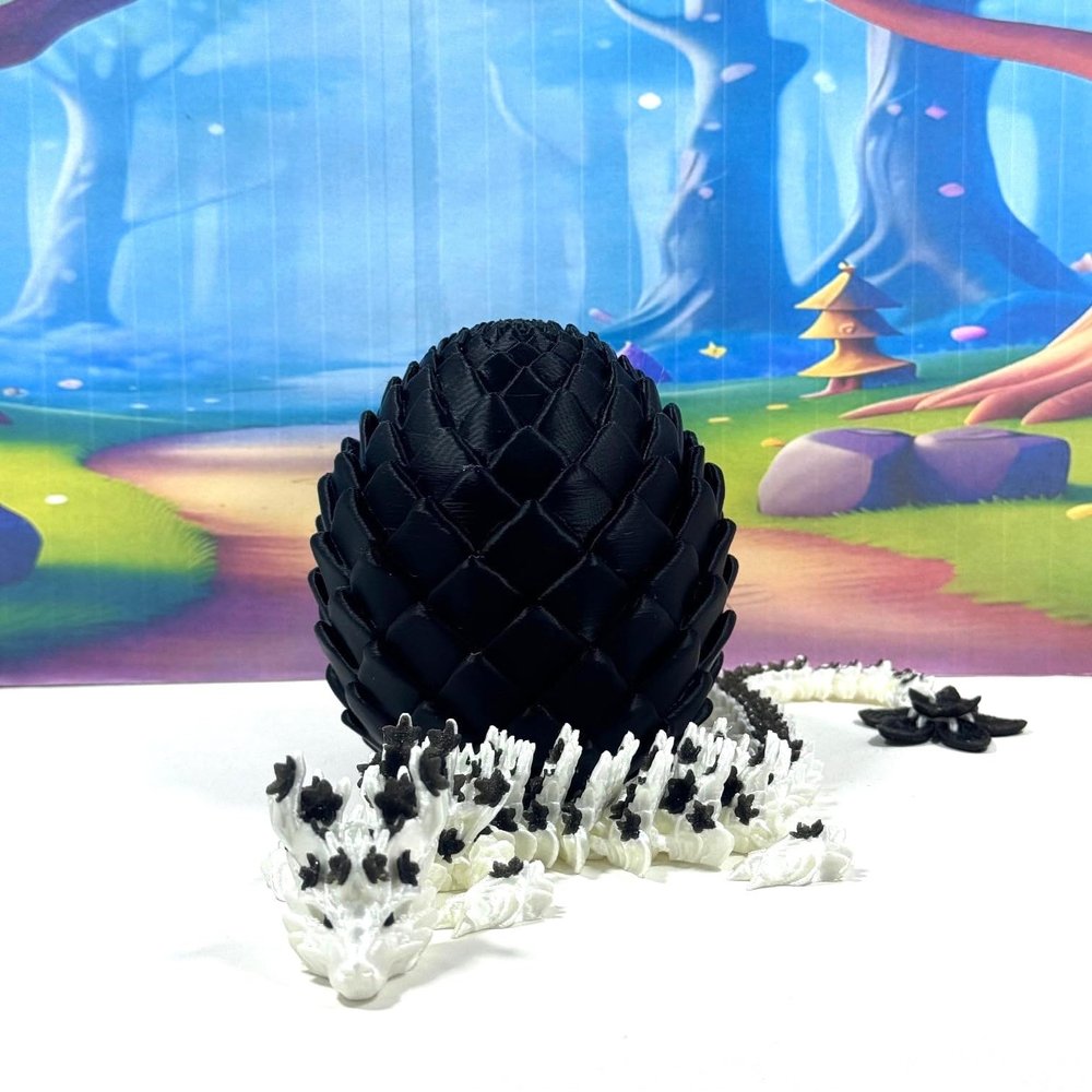 3D Printed Dragon with Dragon Egg, 12 Inches White and Black Cherry Blossom Fidget Dragon Toy, Fidget ADHD Autism Toy, Executive Desk Toy D079-BE