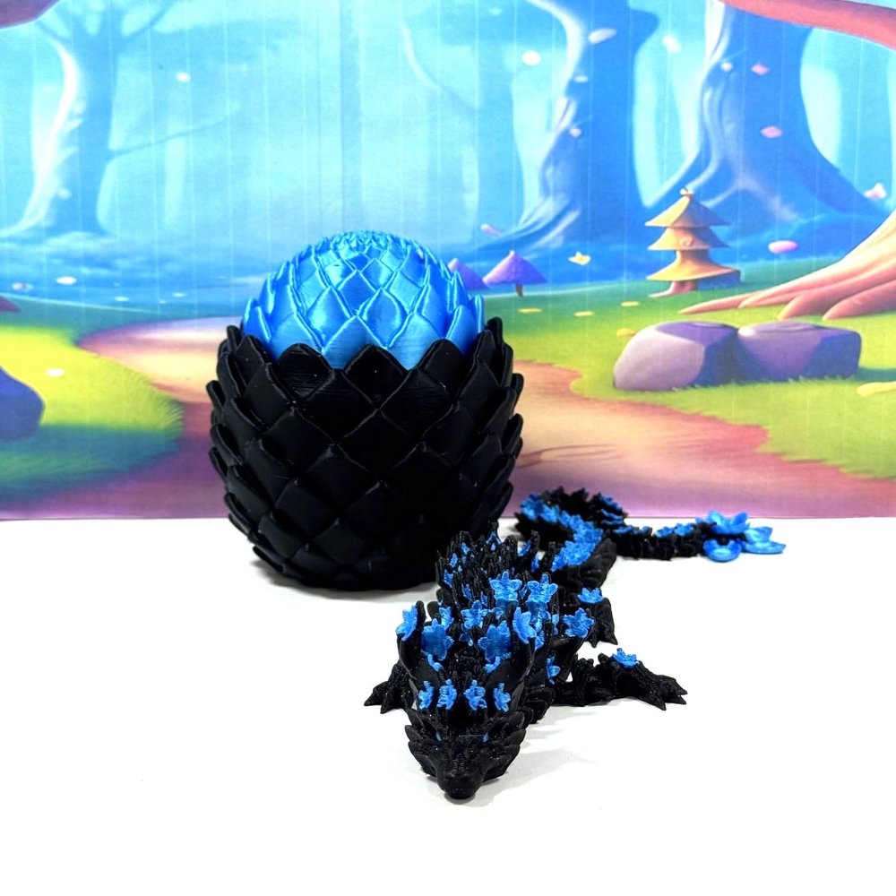 3D Printed Dragon with Dragon Egg, 12 Inches Black and Blue Cherry Blossom Fidget Dragon Toy, Fidget ADHD Autism Toy, Executive Desk Toy D080-BBE