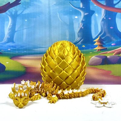 3D Printed Dragon with Dragon Egg, 12 Inches Fidget Dragon Toy, Gold and White Cherry Blossom Dragon Toy, Fidget ADHD Autism Toy, Executive Desk Toy D071-GE