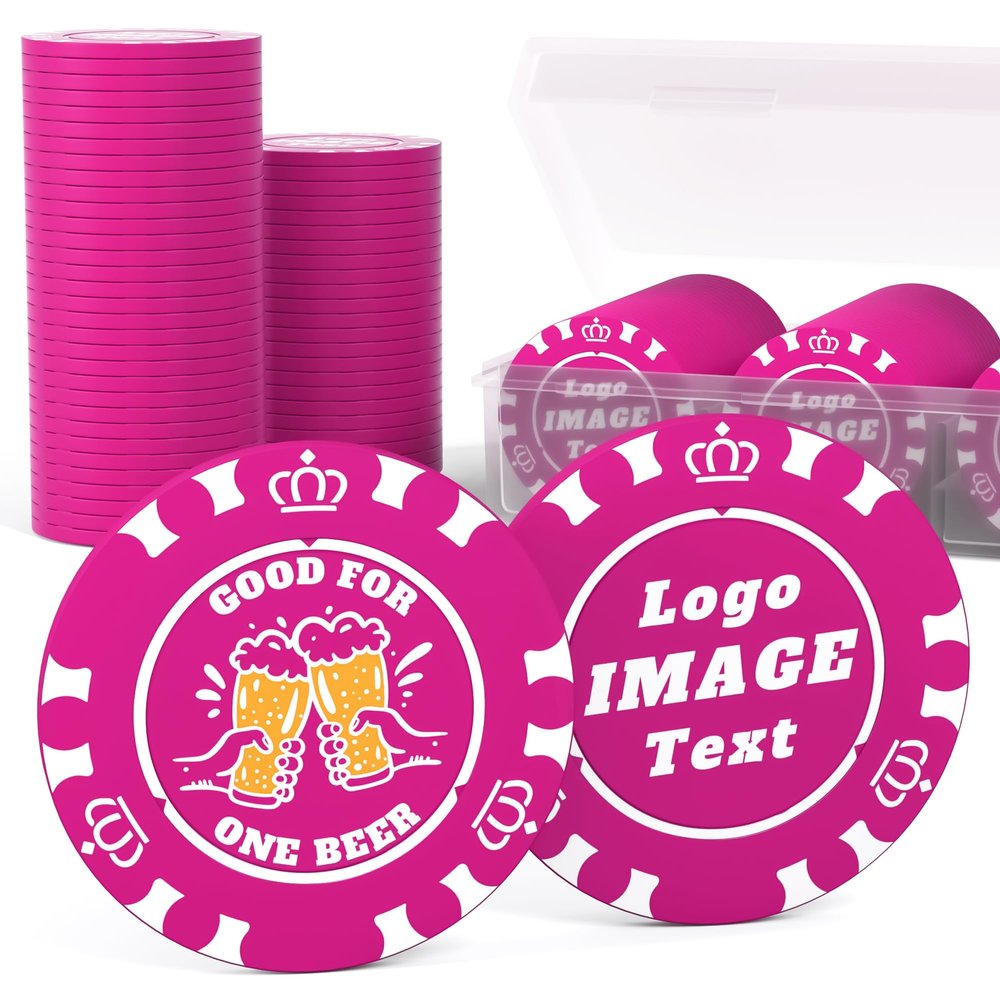 100 Custom Poker Chips, 37MM Custom Drink Tokens Personalized Logo, Image and Text, Double Side UV Full Color Printing Custom Drink Chips for Bar, Party, Business Cards, Company Logo and Promotions