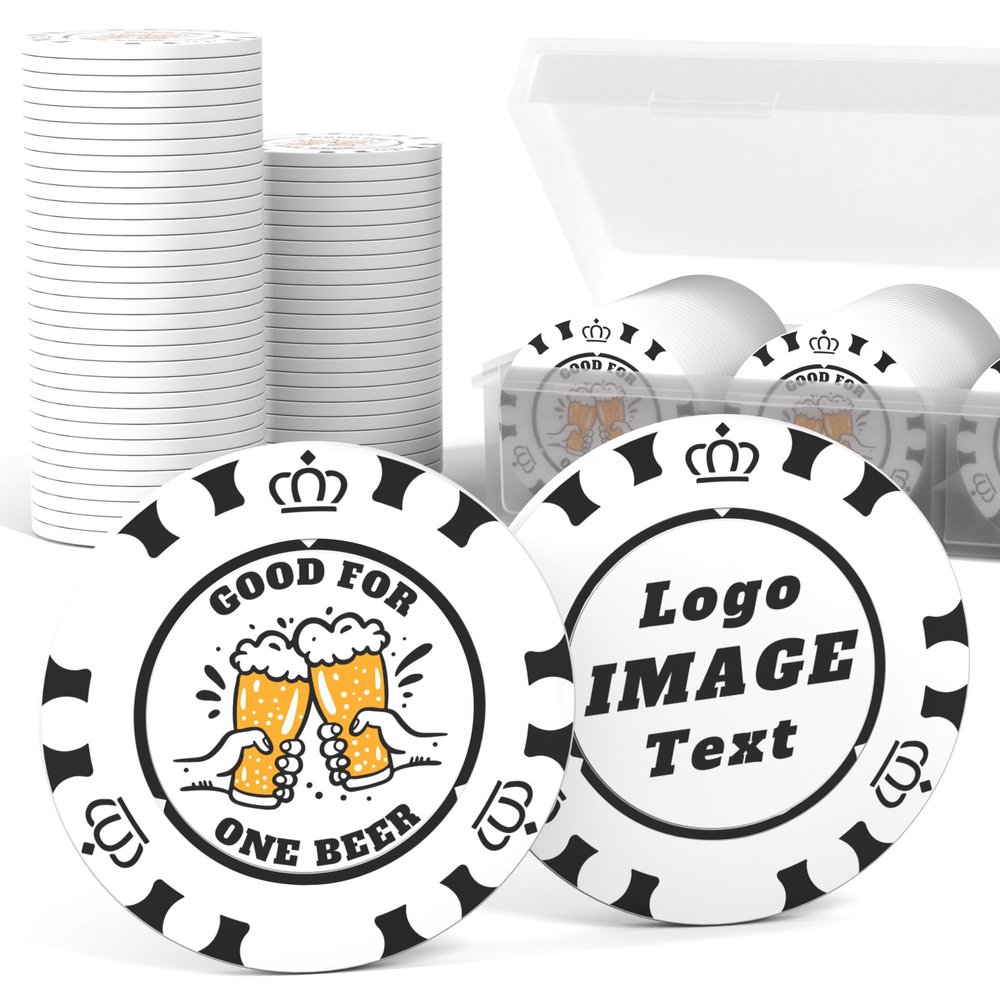100 Custom Poker Chips, 37MM Custom Drink Tokens Personalized Logo, Image and Text, Double Side UV Full Color Printing Custom Drink Chips for Bar, Party, Business Cards, Company Logo and Promotions