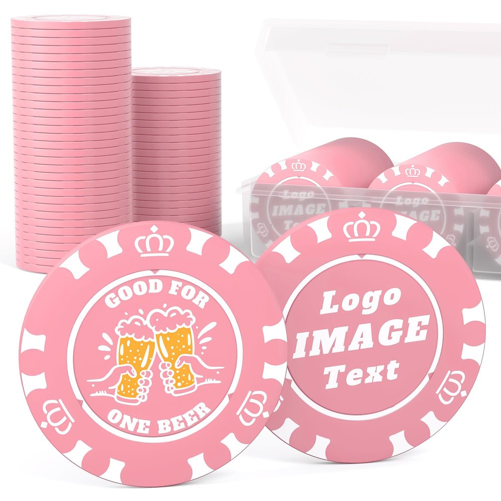 100 Custom Poker Chips, 37MM Custom Drink Tokens Personalized Logo, Image and Text, Double Side UV Full Color Printing Custom Drink Chips for Bar, Party, Business Cards, Company Logo and Promotions