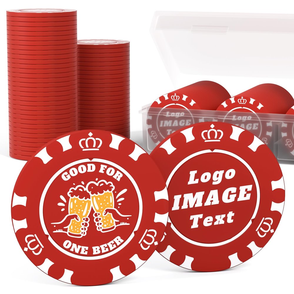 100 Custom Poker Chips, 37MM Custom Drink Tokens Personalized Logo, Image and Text, Double Side UV Full Color Printing Custom Drink Chips for Bar, Party, Business Cards, Company Logo and Promotions