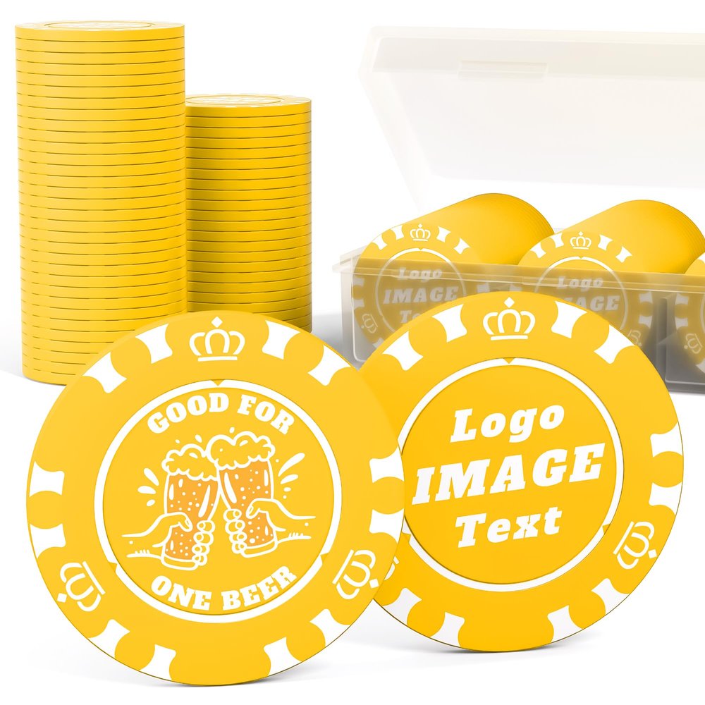 100 Custom Poker Chips, 37MM Custom Drink Tokens Personalized Logo, Image and Text, Double Side UV Full Color Printing Custom Drink Chips for Bar, Party, Business Cards, Company Logo and Promotions