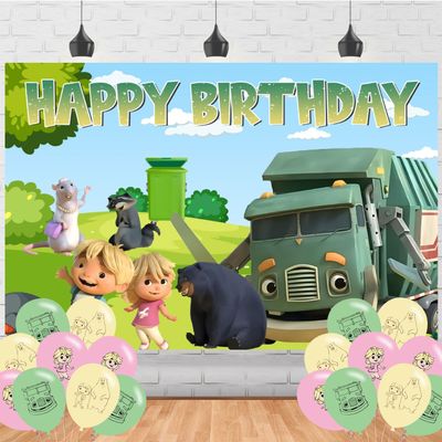 Ezcpigei Trash Truck Birthday Banner - 5x3ft, Green, 18pcs Balloons, Indoor, Wall Mount, Rectangular, Standard Banner, Waste Management Facility/Garbage Dump Theme, Children, Birthday Occasion