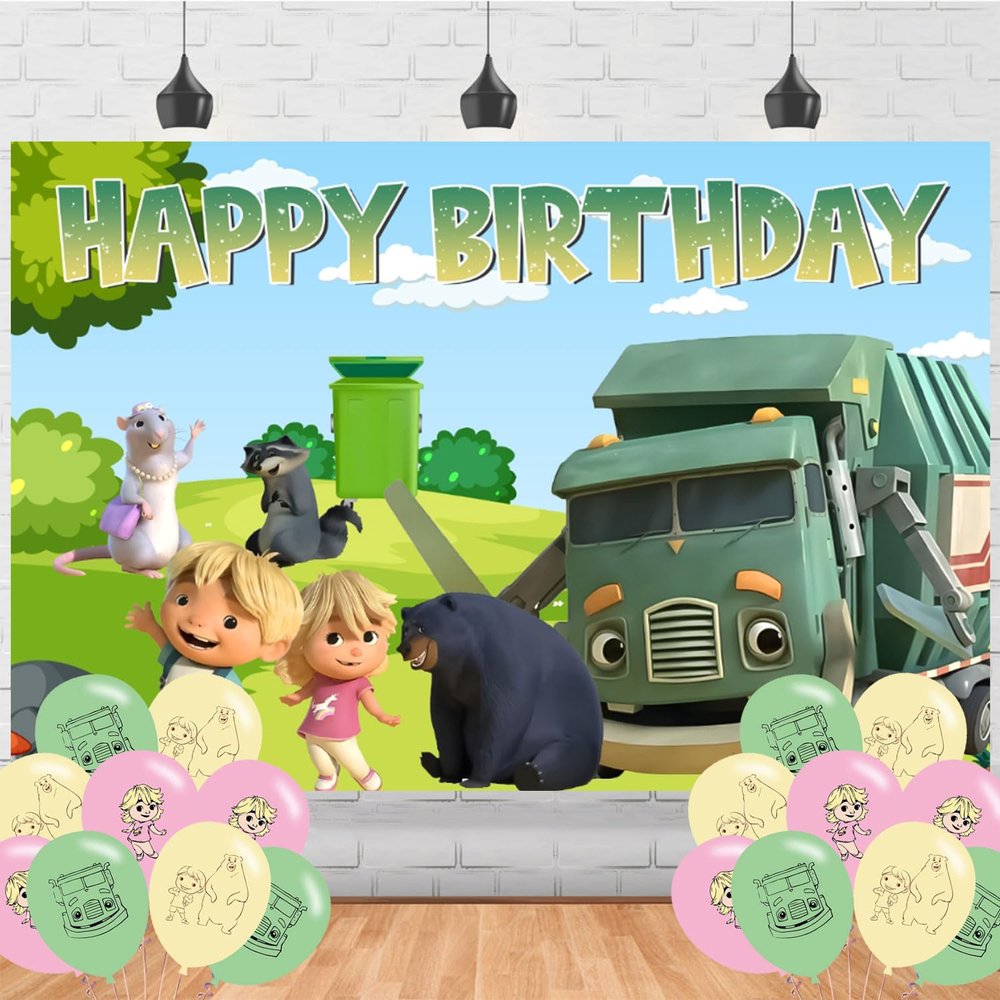 Ezcpigei Trash Truck Birthday Banner - 5x3ft, Green, 18pcs Balloons, Indoor, Wall Mount, Rectangular, Standard Banner, Waste Management Facility/Garbage Dump Theme, Children, Birthday Occasion
