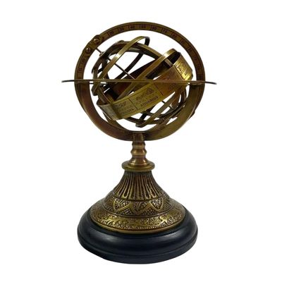 Brass Armillary Sphere on Wooden Base Zodiac Sign Engraved Armillary Globe Decor 10 Inch