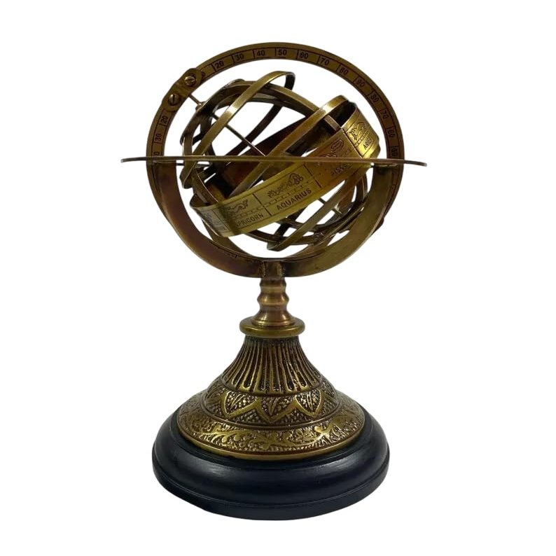Brass Armillary Sphere on Wooden Base Zodiac Sign Engraved Armillary Globe Decor 10 Inch