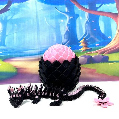 3D Printed Dragon with Dragon Egg, 12" Black and Red Cherry Blossom Dragon, Fidget Desk Toy, Flexible ADHD, Autism, Relief Anxiety D083-BPE